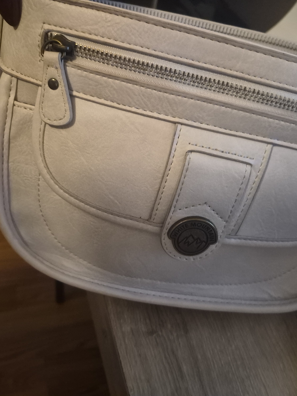 White Mountain Cream Leather Messenger Bag with Front Zip Pocket